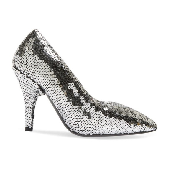 BALENCIAGA Silver Sequin Pumps Heels EU 41 US 11 Puffy Pointed Toe Sparkle NEW - Picture 2 of 16